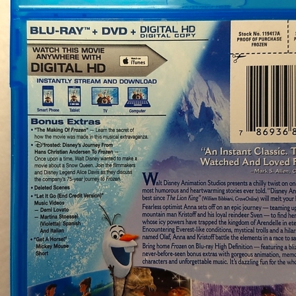 Frozen Blu Ray/DVD Combo Pack in VG condition - Picture 4 of 17